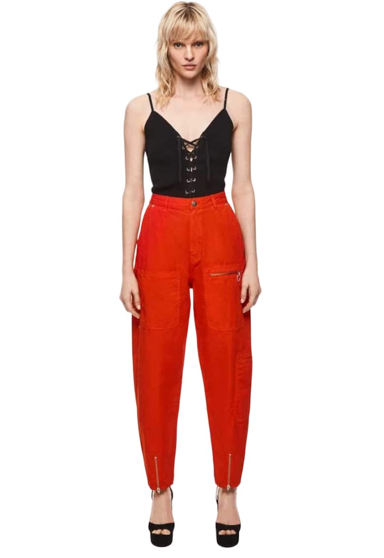 Pantaloni dama Avryl x Dua Lipa - talie inalta - croiala larga - rosu - bumbac