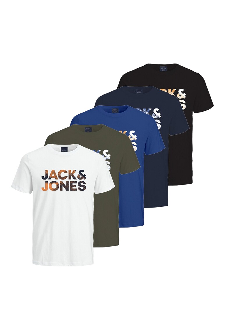 Set de tricouri de bumbac cu imprimeu logo - 5 piese - Alb/Negru/Albastru