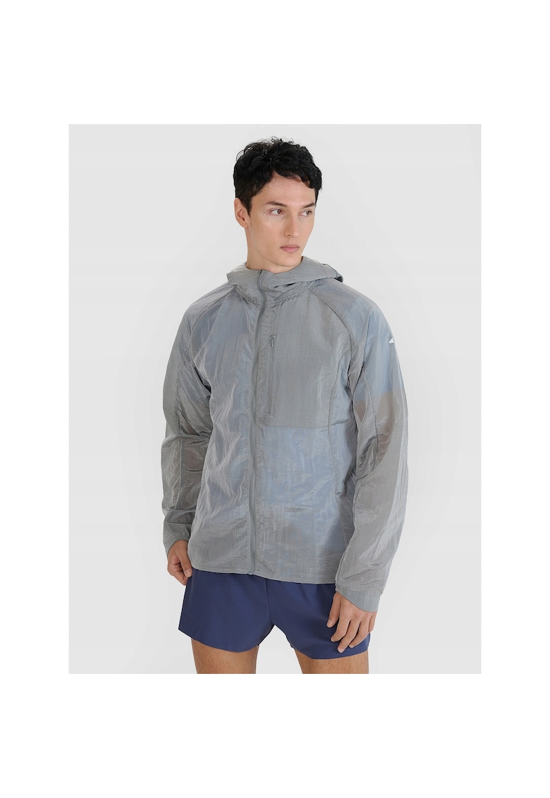 Jacheta alergare barbati - sintetic - gri - impermeabila - cu gluga - material reflectorizant