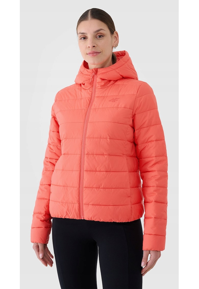 Jacheta de puf pentru femei - rosie - umplutura sintetica reciclata - design usor - gluga integrata - slim fit - sezon primavara-vara