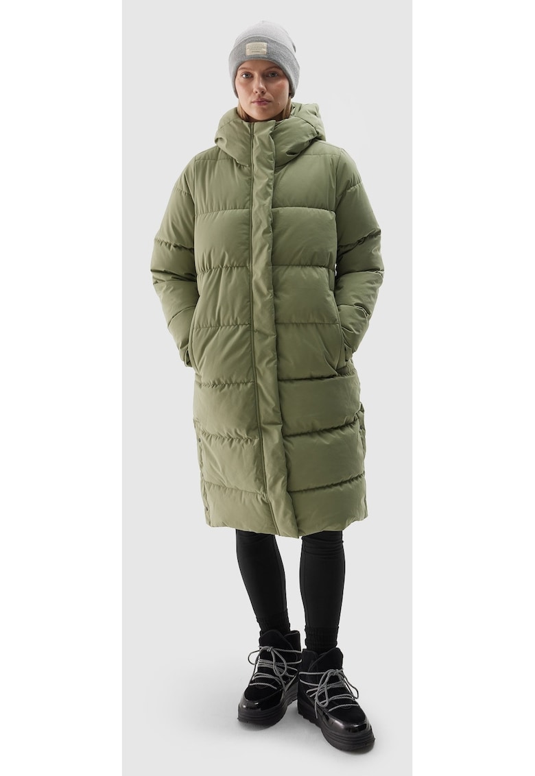 Geaca lunga din puf sintetic kaki - matlasata - cu gluga - pentru femei