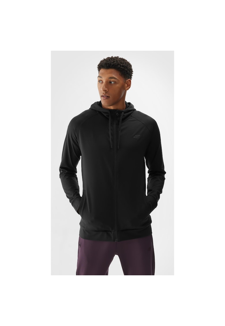 Hanorac sport barbati negru - cu fermoar si gluga - sintetic elastic - uscare rapida -