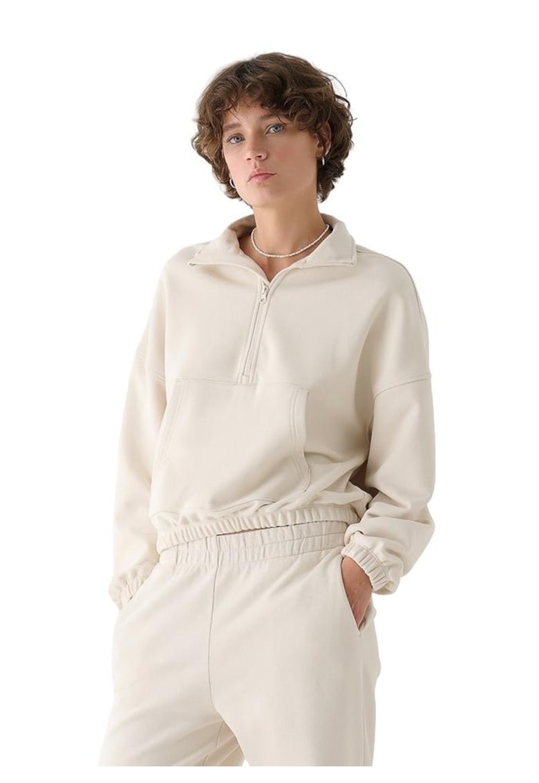 Hanorac de Dama Oversize Crem din Bumbac 370gsm - SPORTSTYLE fara Gluga cu Buzunar Marsupiu si Guler cu Fermoar