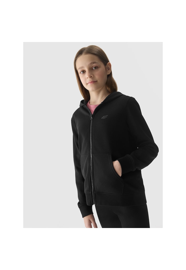 Hanorac Fete Junior Negru Intens - Bumbac - Regular Fit - Cu Gluga si Fermoar - Marime 146 - SportStyle