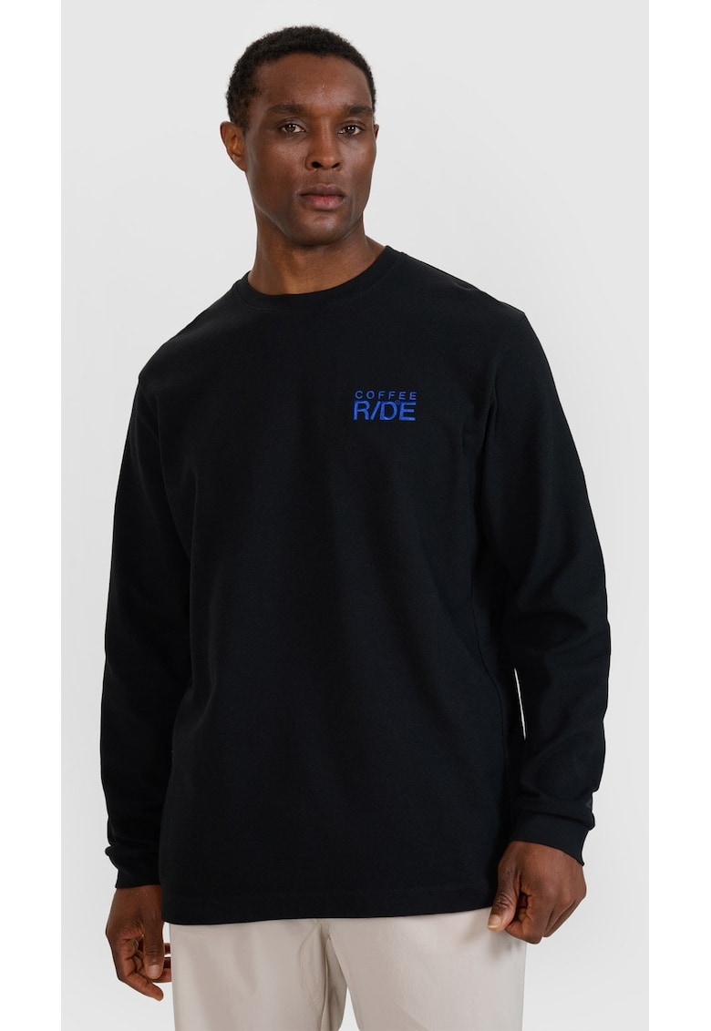 Tricou barbatesc cu maneca lunga Negru Intens - Oversize - Coolmax - Casual si Sport - Broderie ""Coffee Ride""