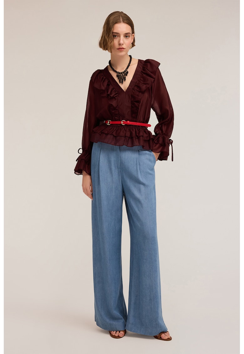 Bluza din amestec de lyocell cu volane - Violet pruna