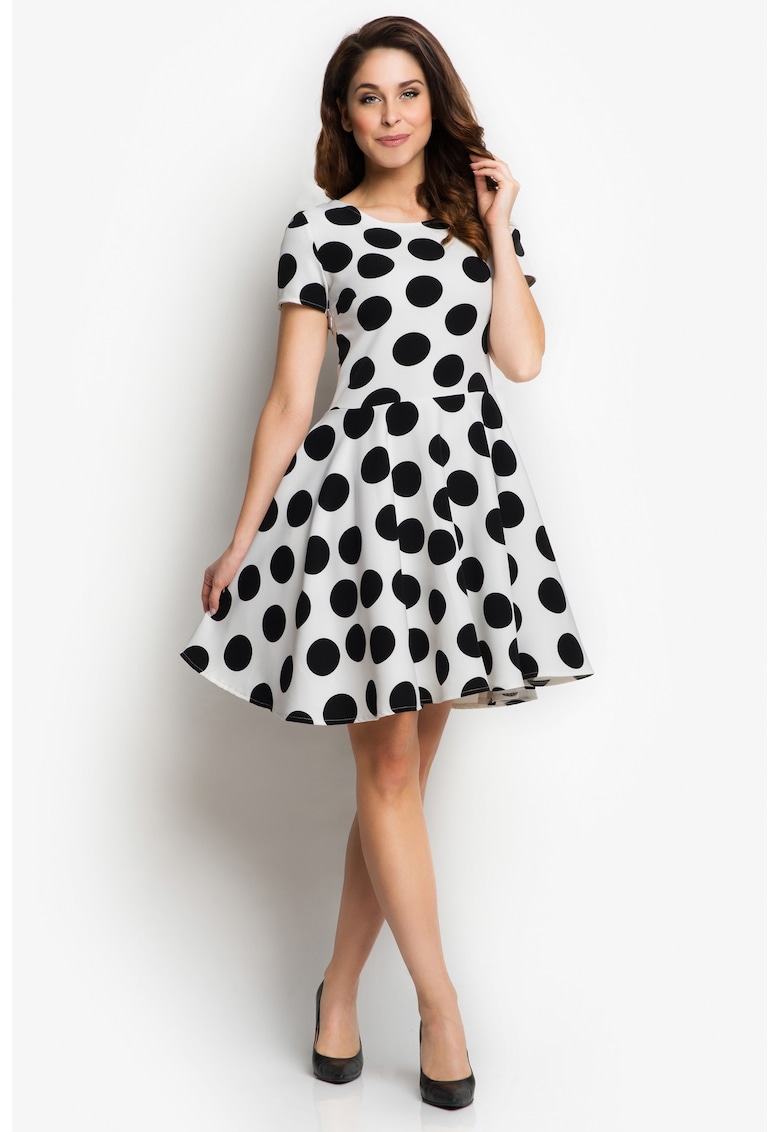 Rochie dama - evazata - alb/negru - poliester-elastan -