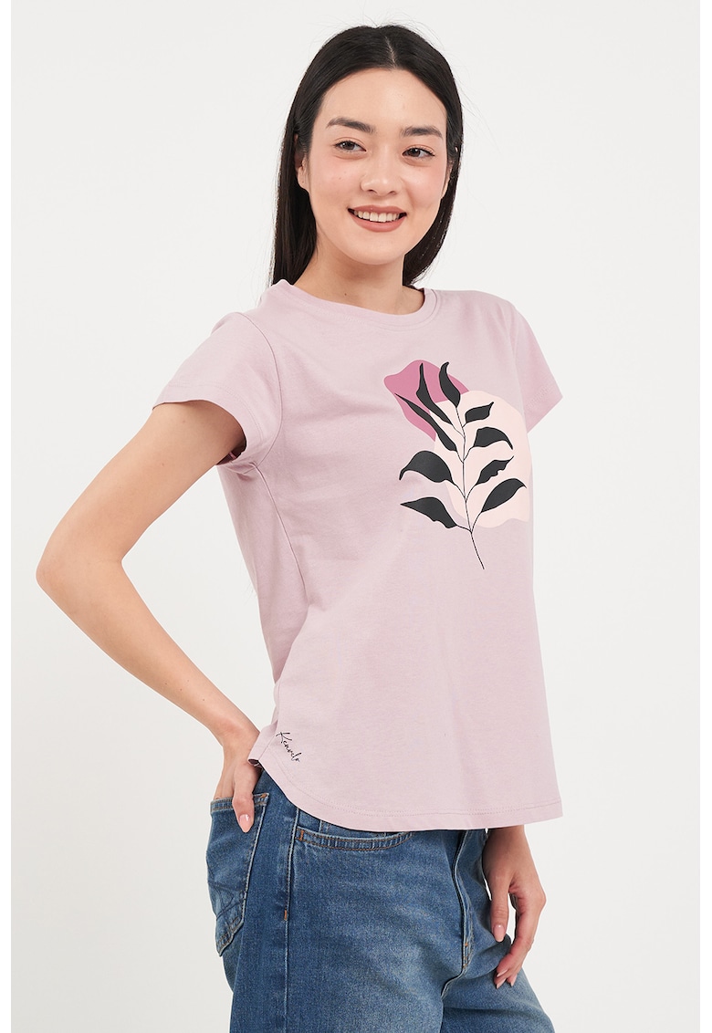 Tricou de bumbac cu decolteu la baza gatului - Negru/Lila/Roz