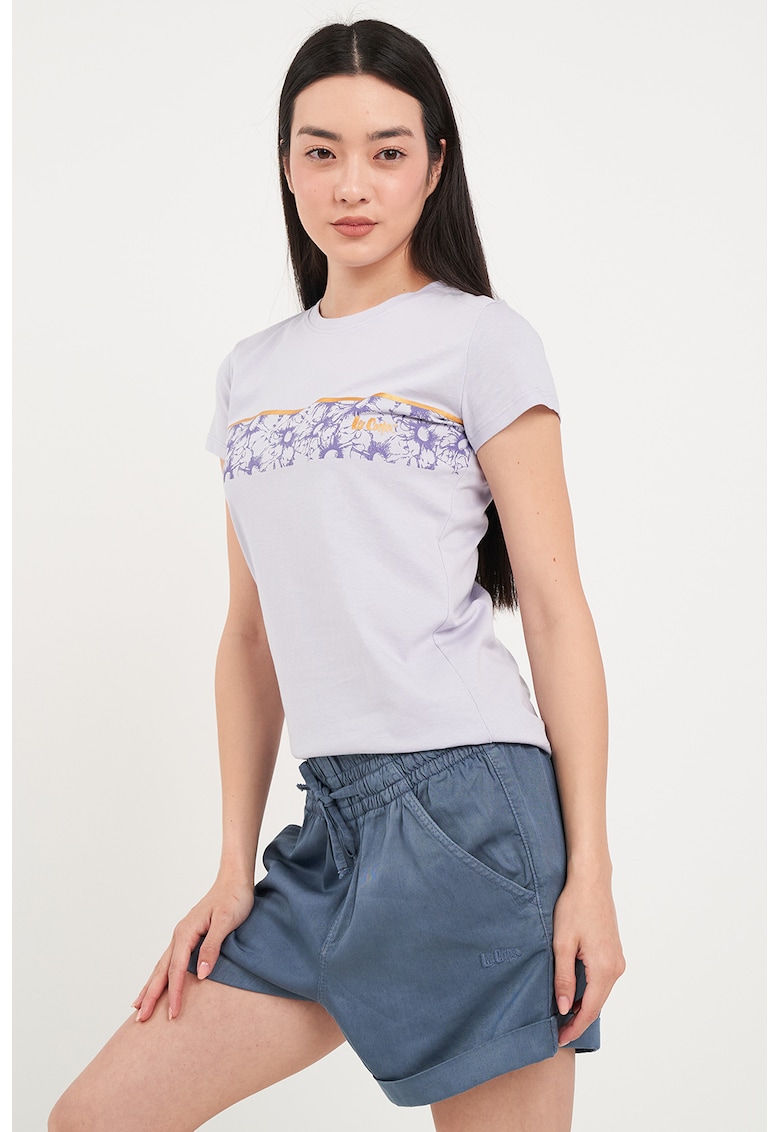 Tricou cu decolteu la baza gatului si imprimeu floral - Albastru lavanda