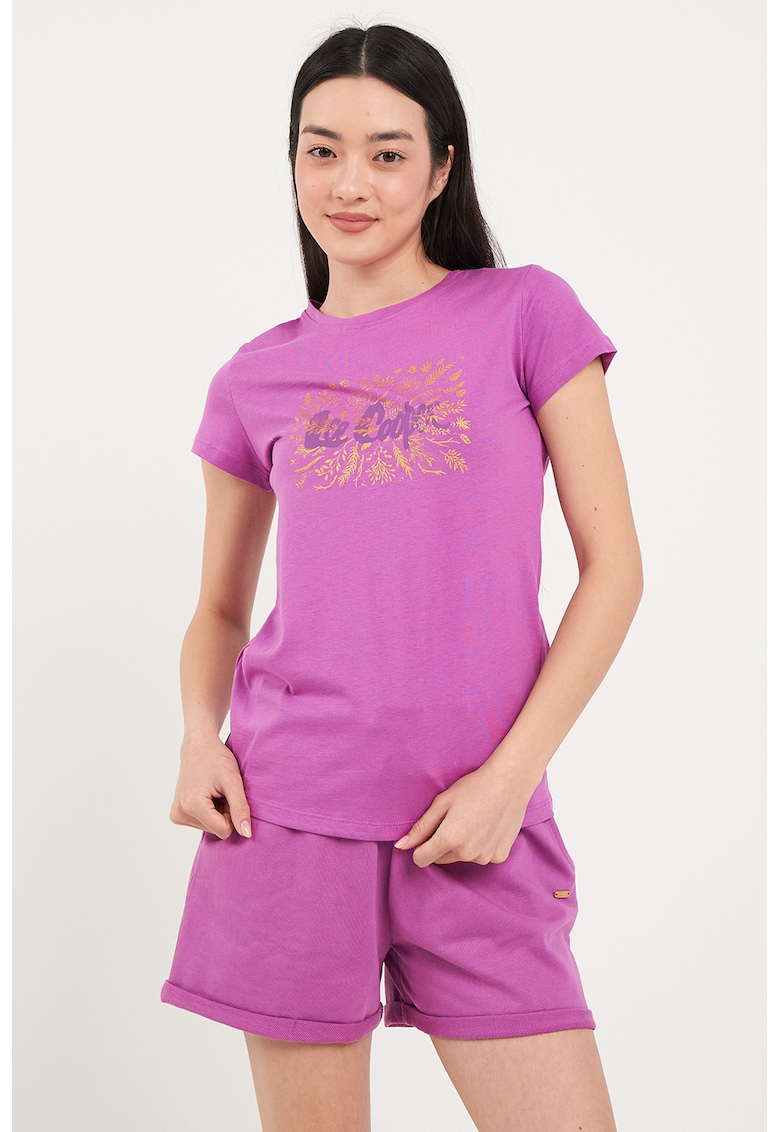 Tricou cu decolteu la baza gatului si imprimeu - Roz deschis