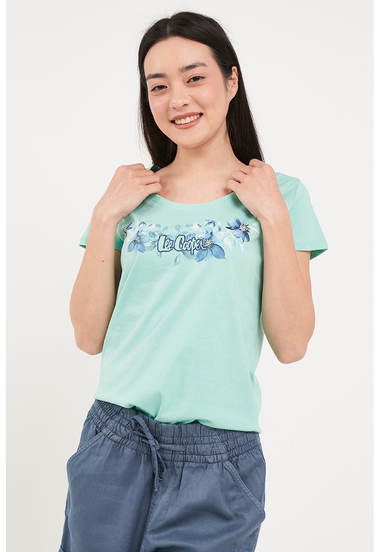 Tricou cambrat cu decolteu rotund - Albastru/Mint