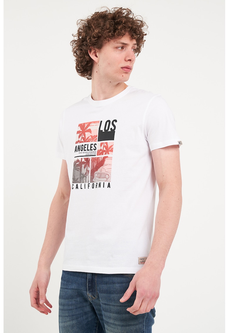 Tricou elastic cu model grafic - Alb/Negru/Coral