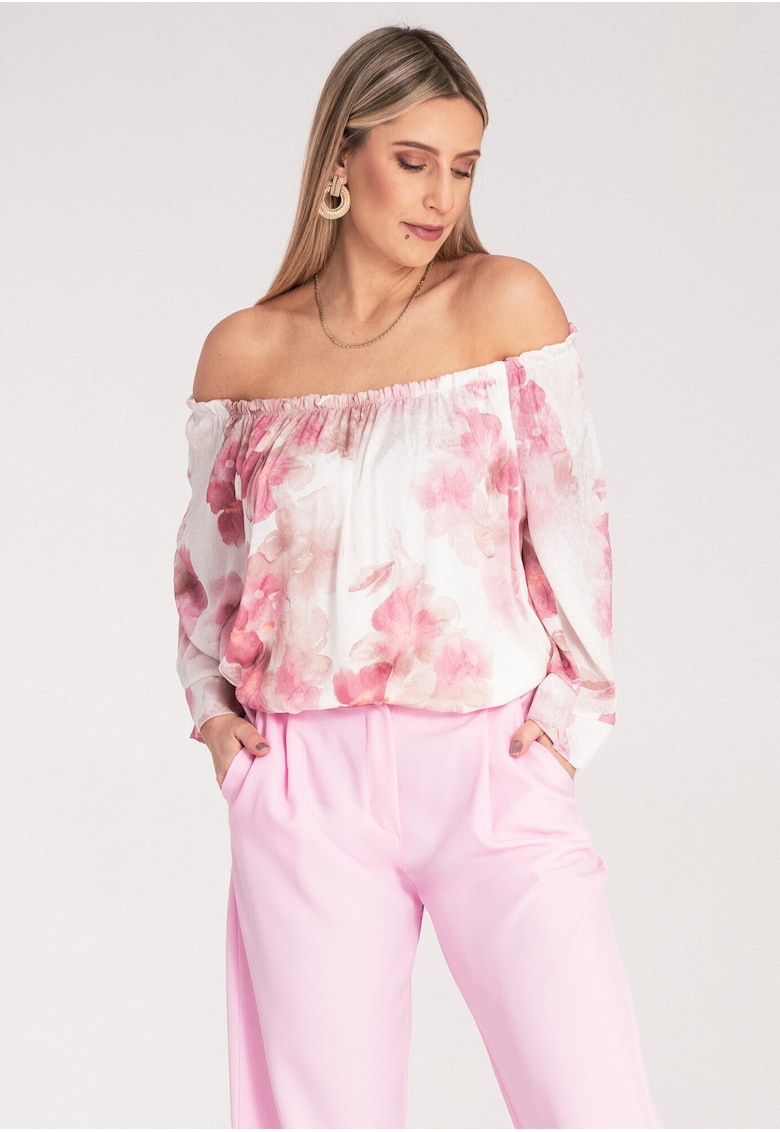 Bluza dama flori -  Poliester - Alb/Roz -