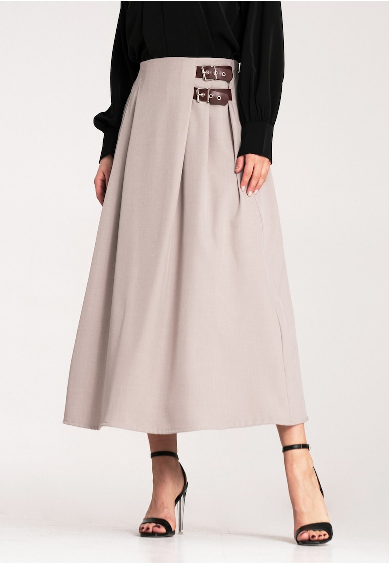 Fusta midi cu curea - bej - material usor - poliester -