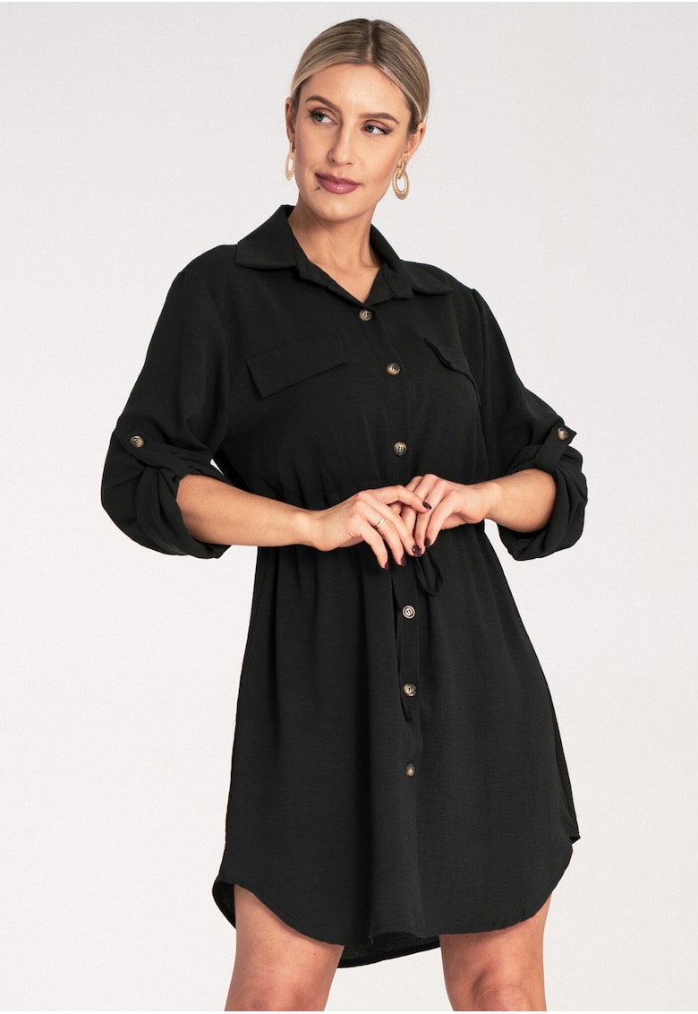 Rochie camasa dama - neagra - maneca lunga - cu nasturi - 95% poliester - 5% elastan -