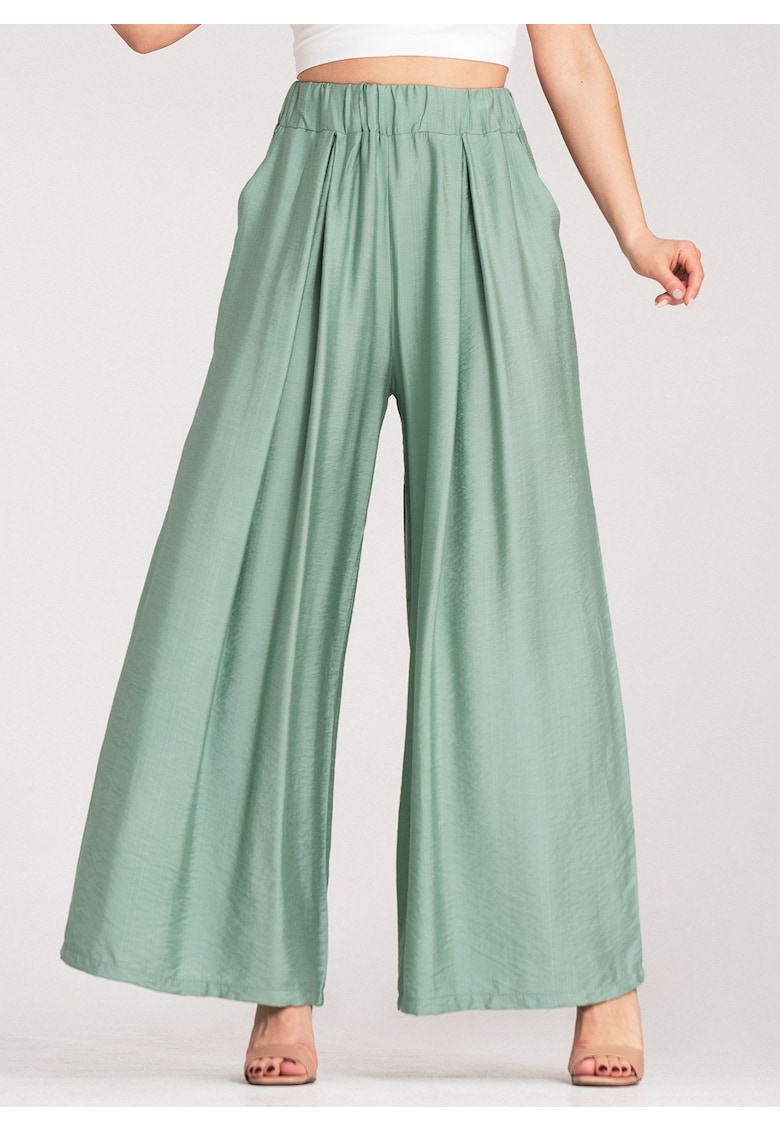 Pantaloni dama - largi - talie inalta - verde - viscoza-elastan -