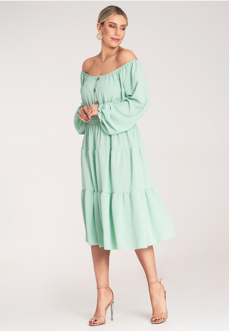Rochie evazata - verde - cu volane - poliester -