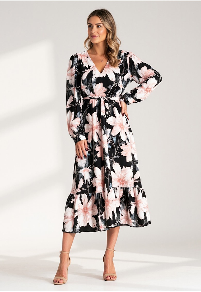 Rochie florala cu volane - neagra - 100% poliester -