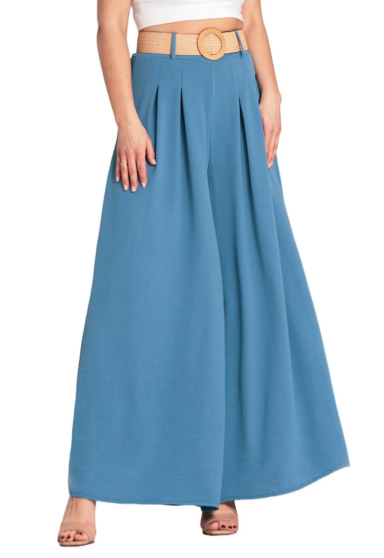 Pantaloni dama - cu curea - eleganti - albastri - poliester -
