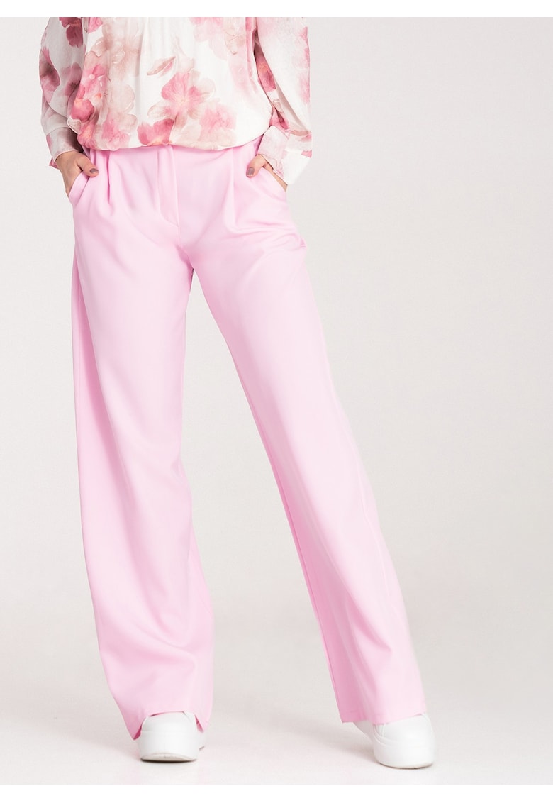 Pantaloni dama - eleganti - talie inalta - roz - poliester/elastan -