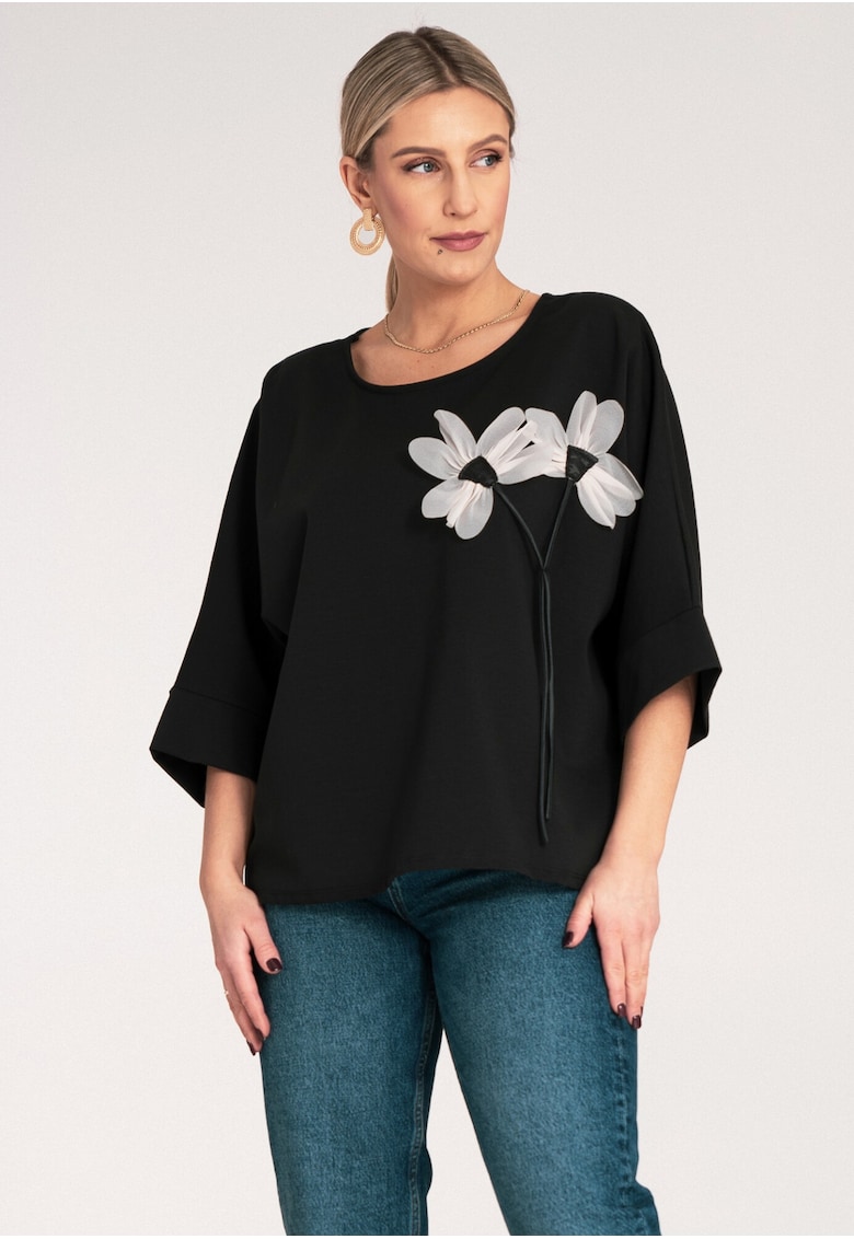Bluza dama -  Floare - Bumbac/Poliamida/Elastan - Negru -