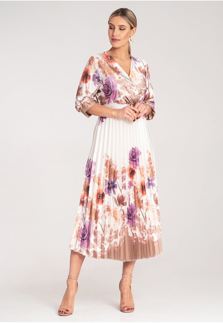 Rochie midi  florala - alba cu curea - satin - eleganta - pentru ocazii speciale -