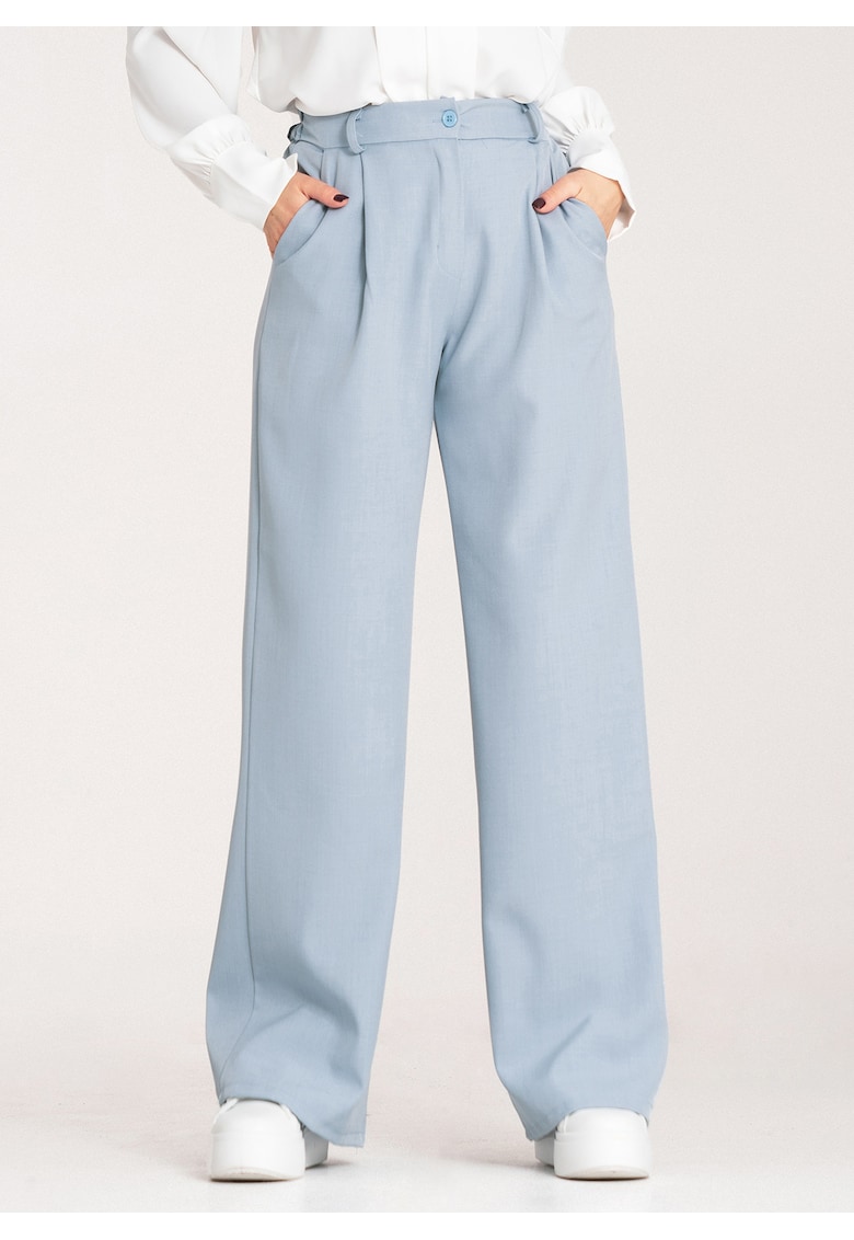 Pantaloni dama - cu talie inalta - croiala larga - albastru - poliester-elastan -