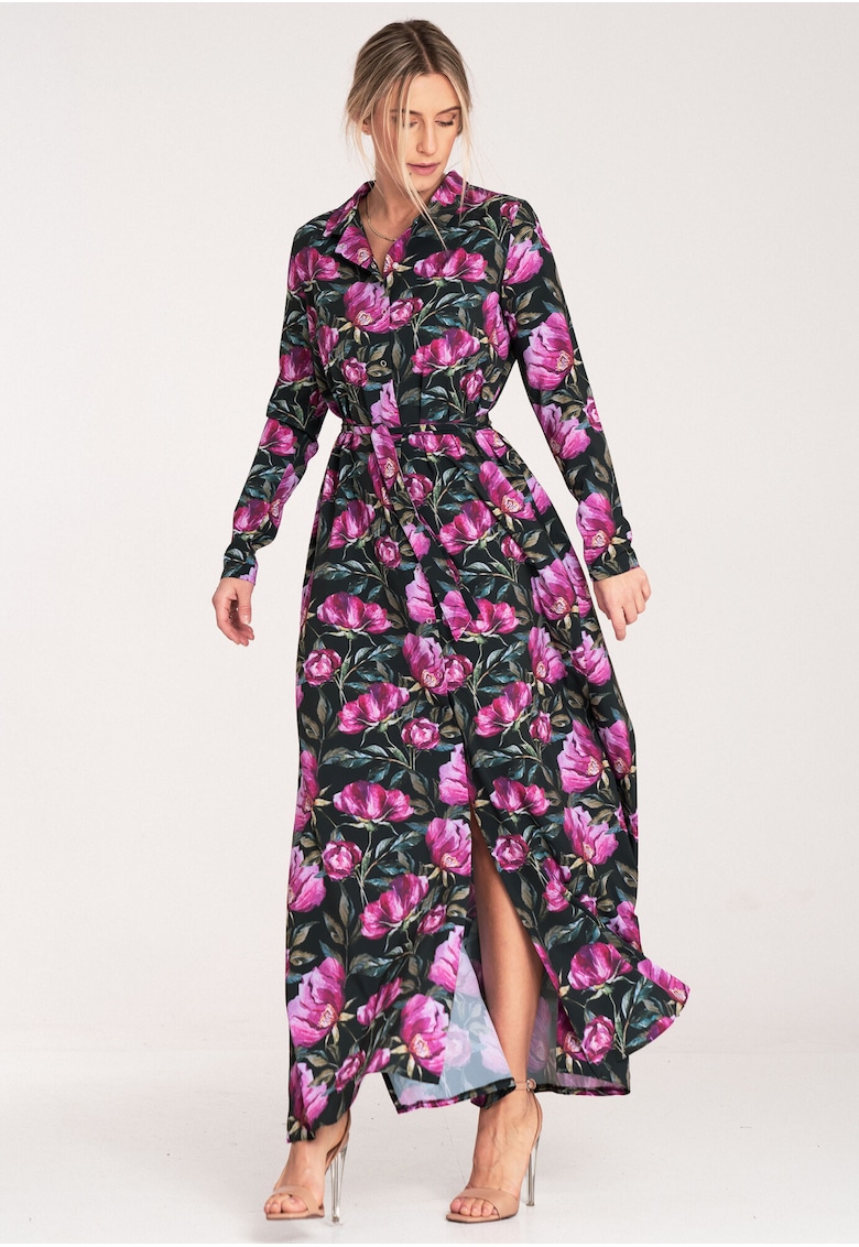 Rochie maxi -  negru floral - cu nasturi - poliester