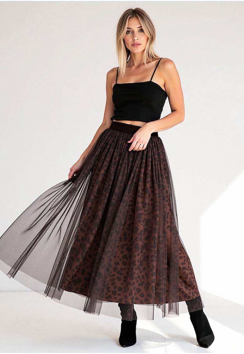 Fusta midi - culoare maro - material poliester -