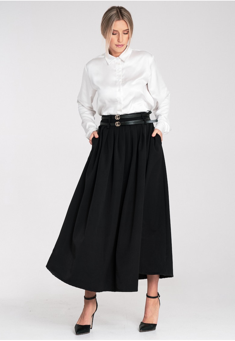 Fusta evazata midi - neagra - cu curea - buzunare laterale - poliester -