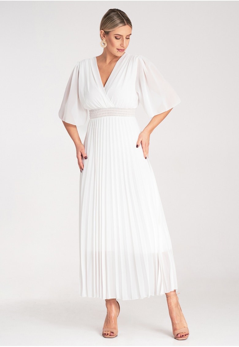 Rochie plisata - eleganta - alba - midi - poliester -