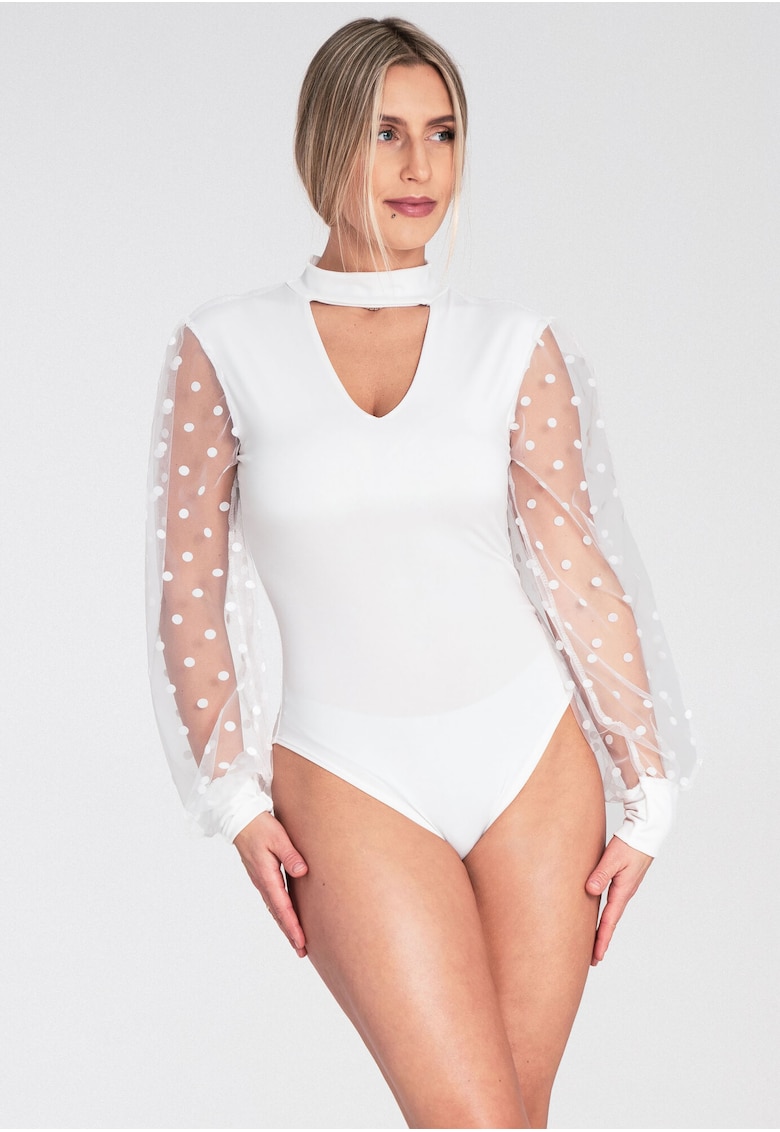 Bluza dama body alb cu maneca lunga - guler inalt - maneci transparente - poliester -