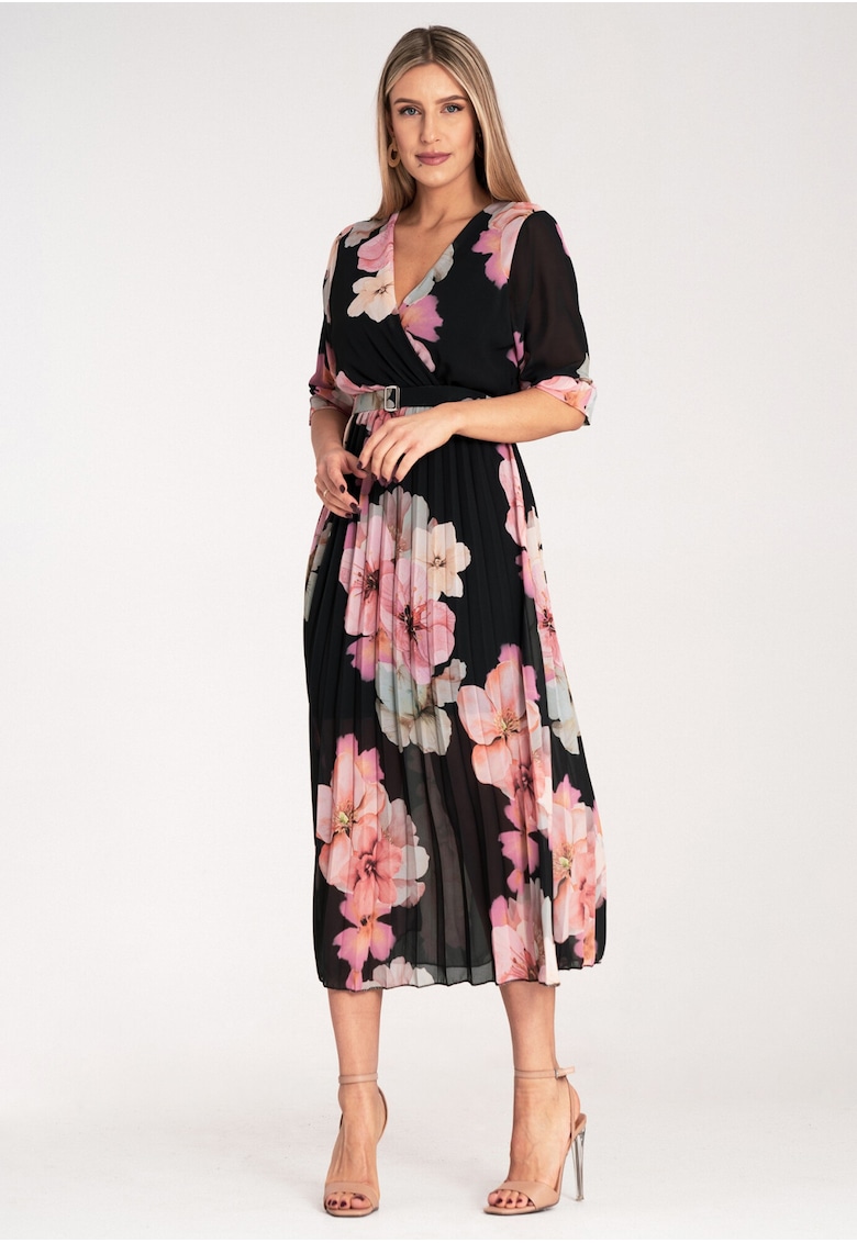 Rochie lunga - florala - neagra - plisata - poliester -