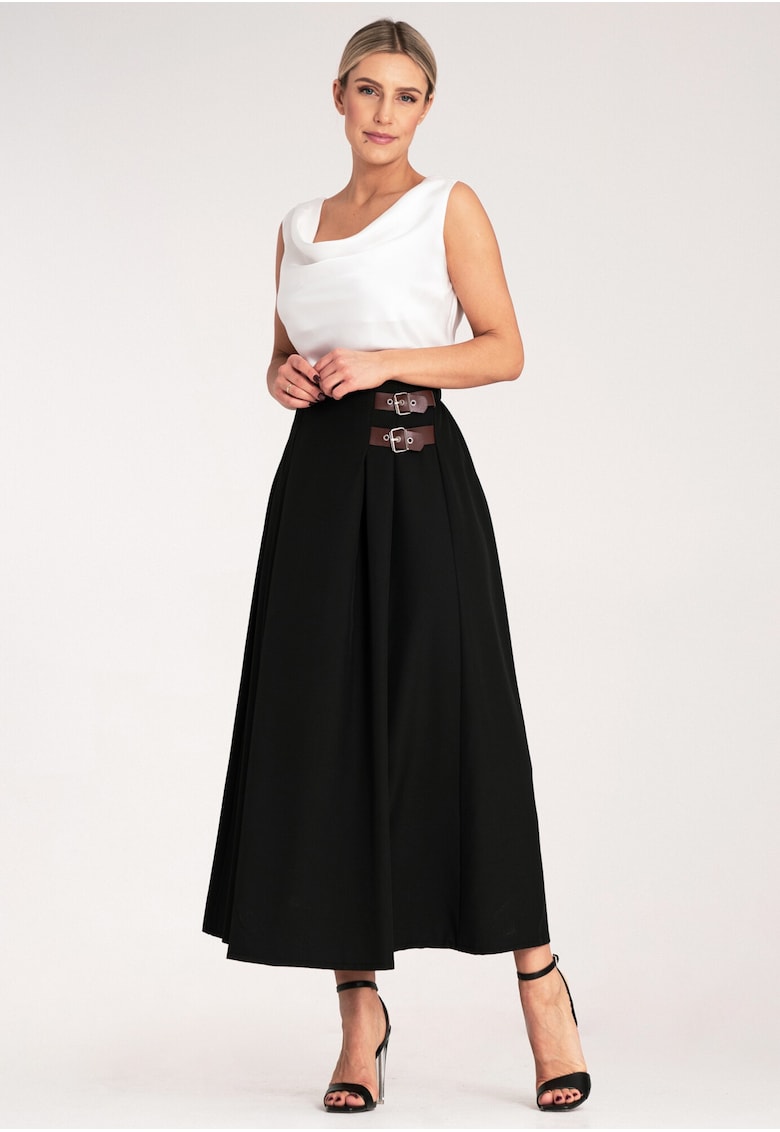 Fusta midi neagra cu curea - eleganta - din poliester si elastan -