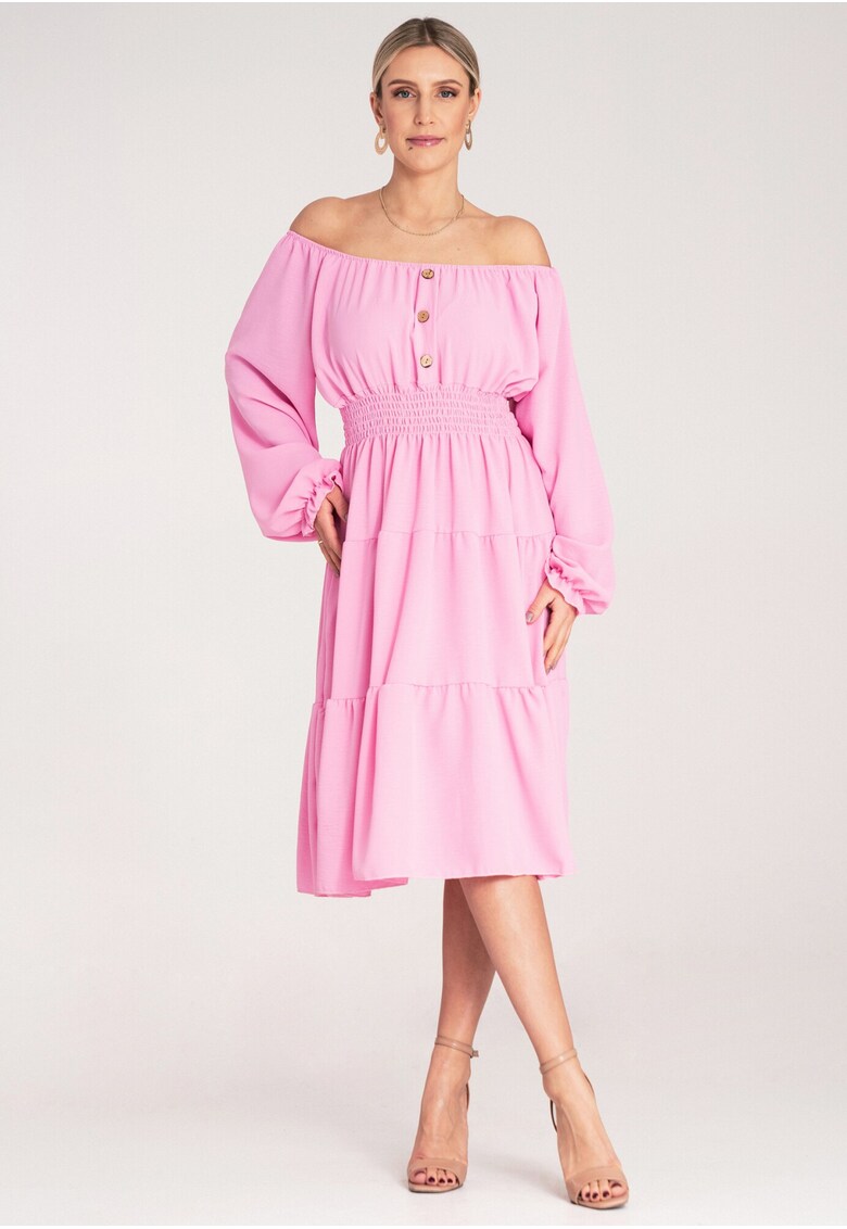 Rochie evazata - cu volane - roz - poliester -