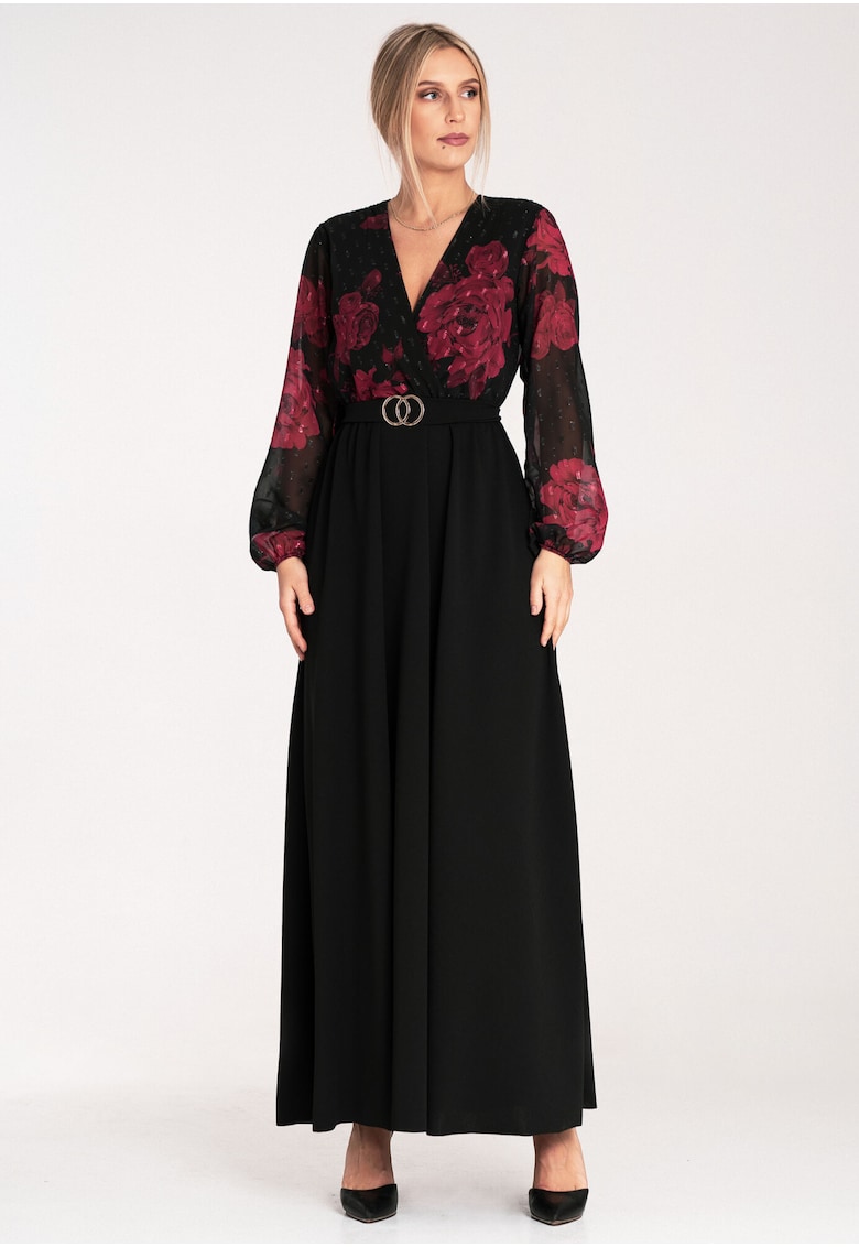 Rochie maxi neagra cu flori rosii - din poliester - cu maneci lungi -