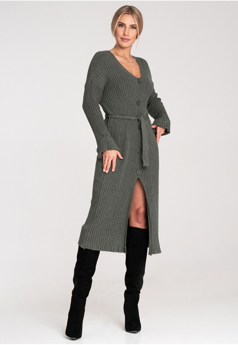 Rochie cu nasturi - verde olive - viscoza -