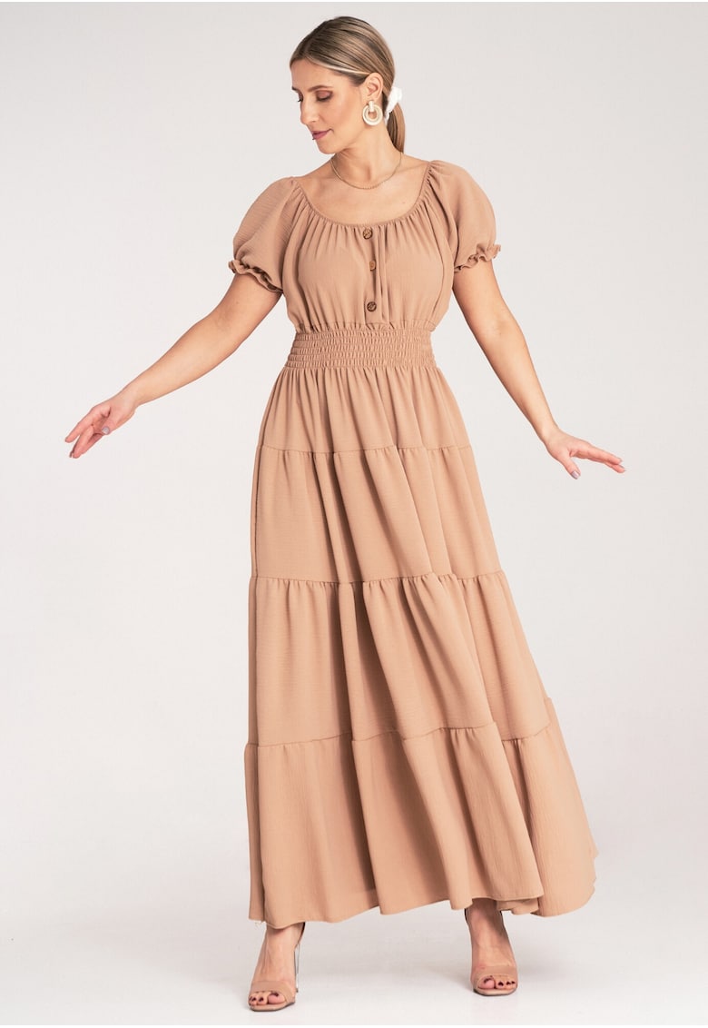 Rochie maxi bej - cu volane - poliester - pentru vara -