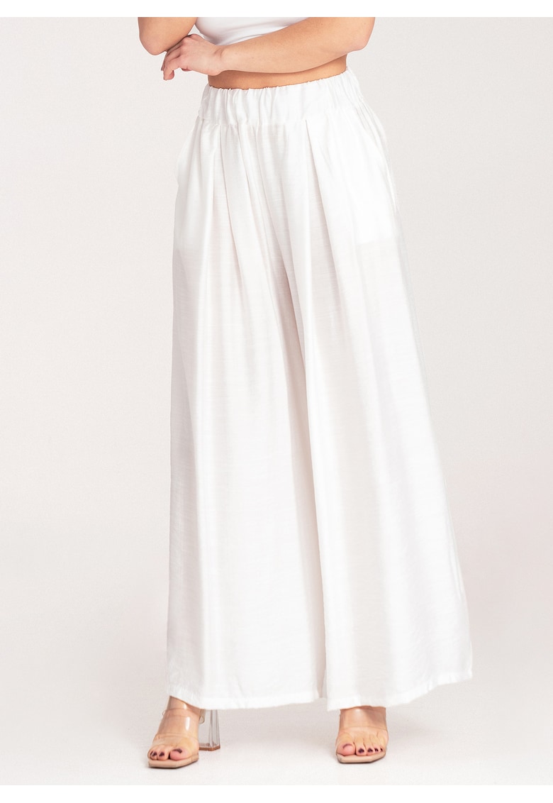Pantaloni dama - largi - talie inalta - albi - viscoza-elastan -