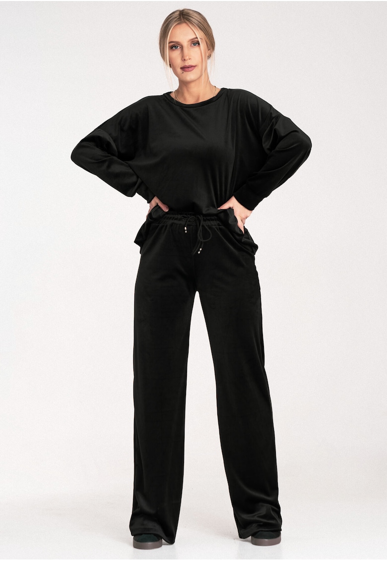 Trening dama poliester/elastan - hanorac si pantaloni evazati - negru -