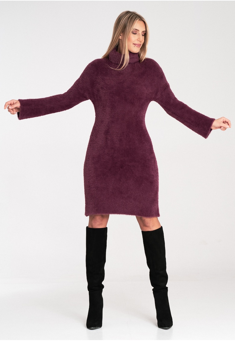 Rochie tricotata guler inalt - maneci lungi - rosu - 100% nailon -