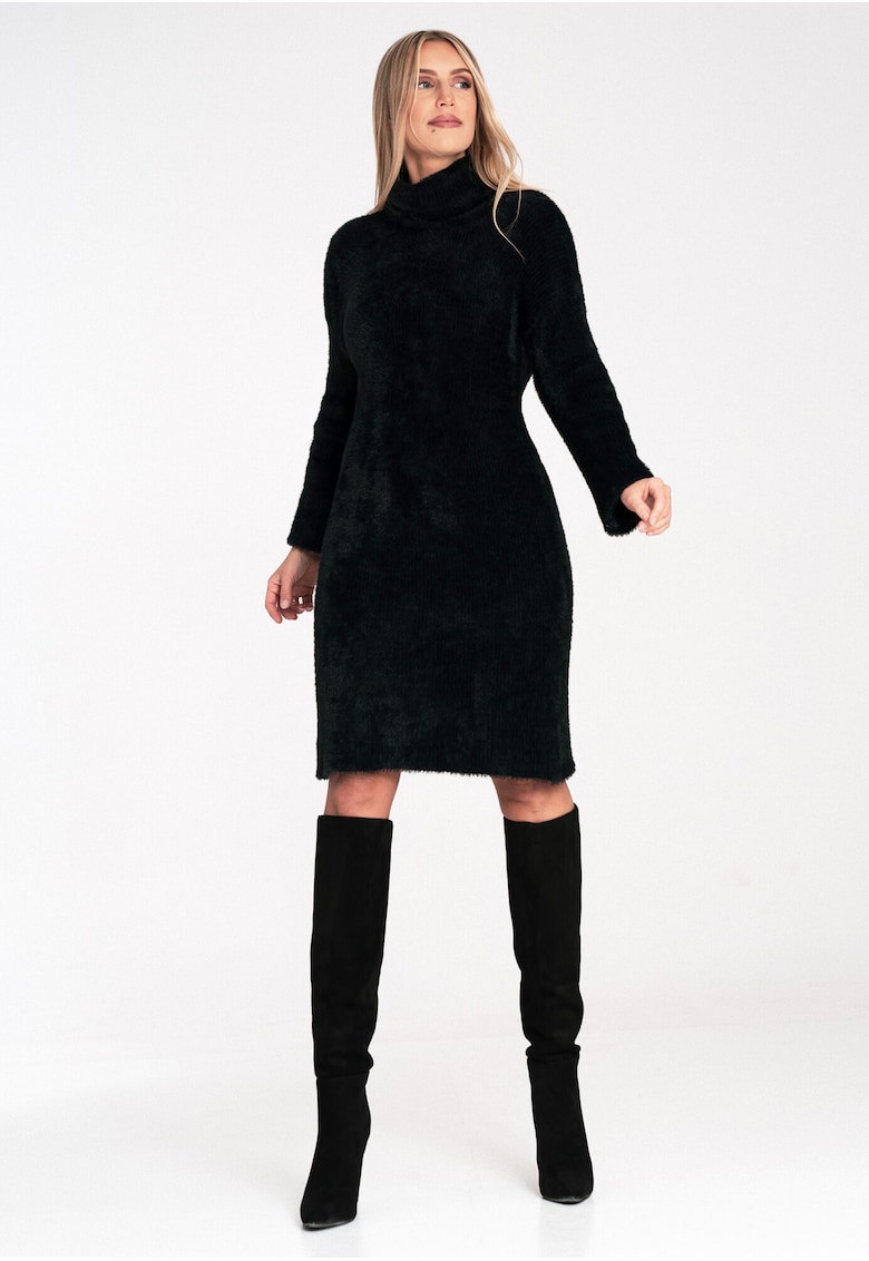 Rochie tricotata guler inalt - neagra - 100% nailon -