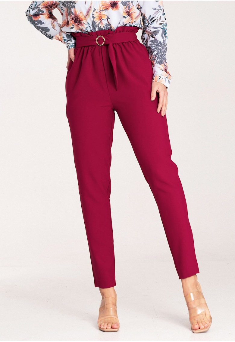Pantaloni dama eleganti - talie inalta - rosu - poliester -