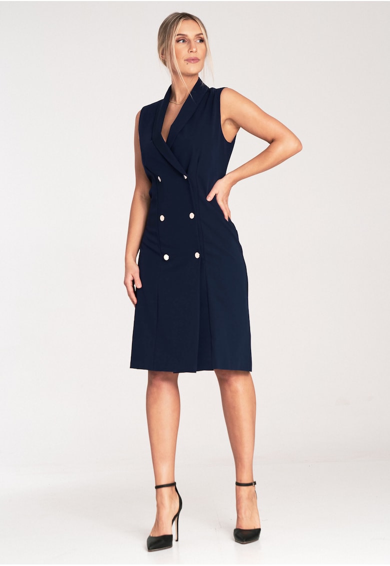Rochie blazer midi bleumarin - fara maneci - cu nasturi - poliester si viscoza
