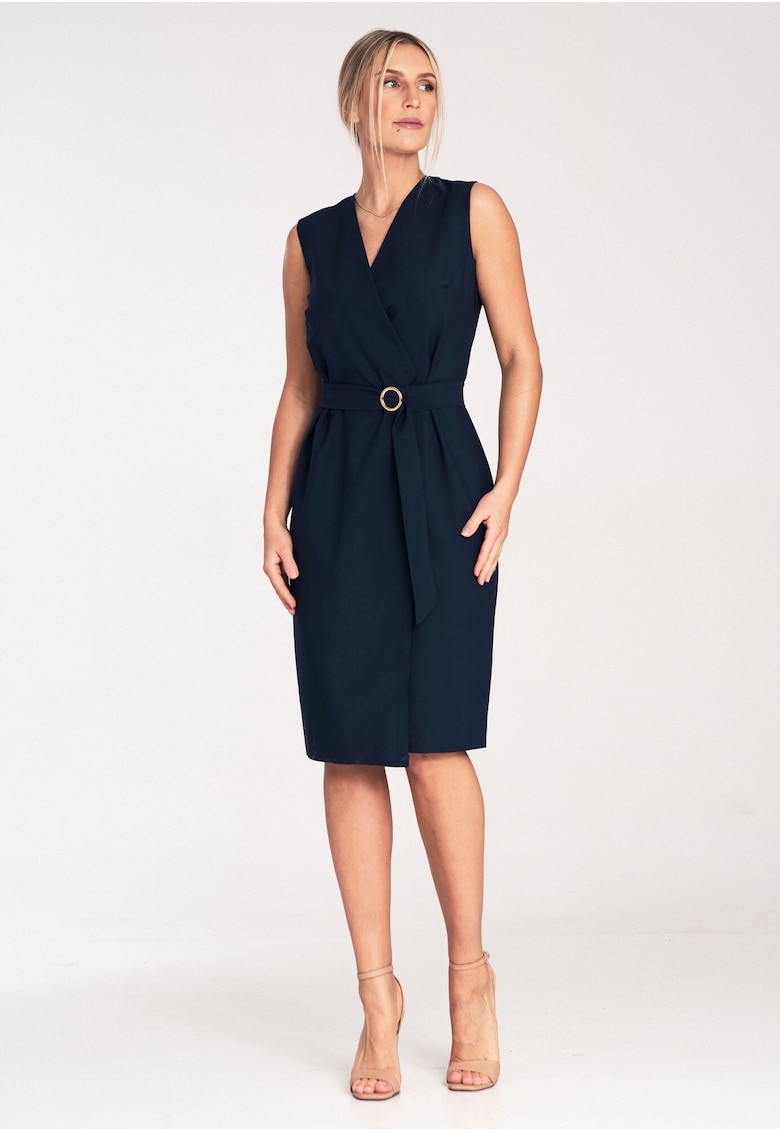 Rochie midi bleumarin - cu centura - eleganta - poliester