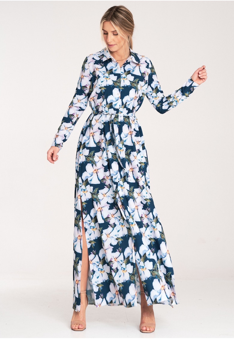 Rochie maxi - cu nasturi - albastru floral - poliester -