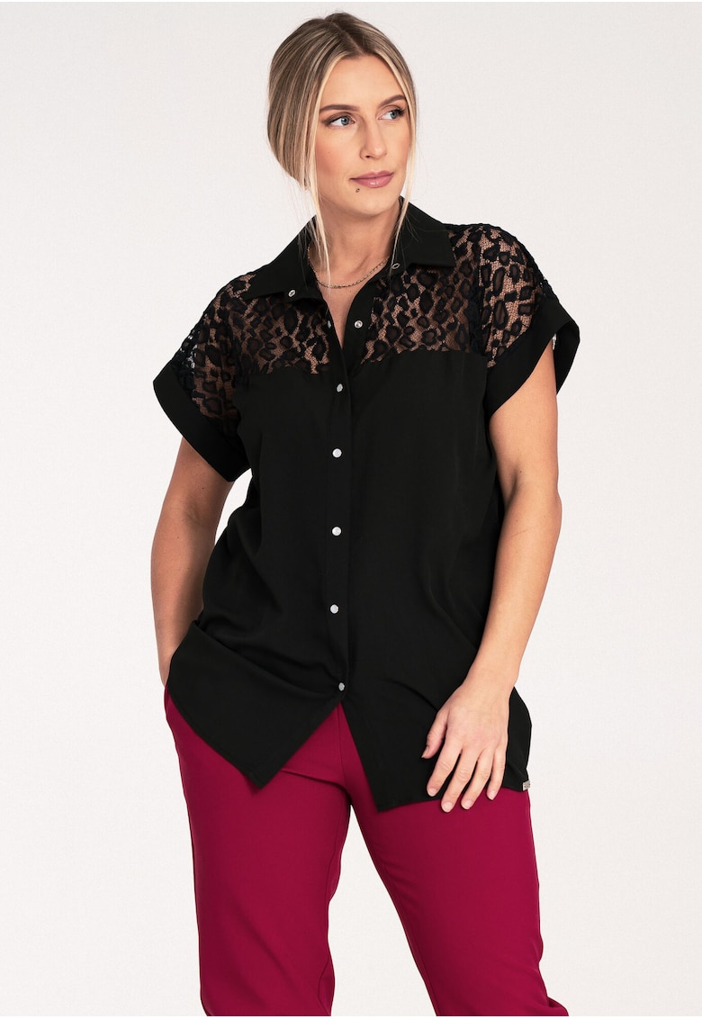 Camasa dama ajurata - neagra - maneca scurta - dantela - poliester 80%