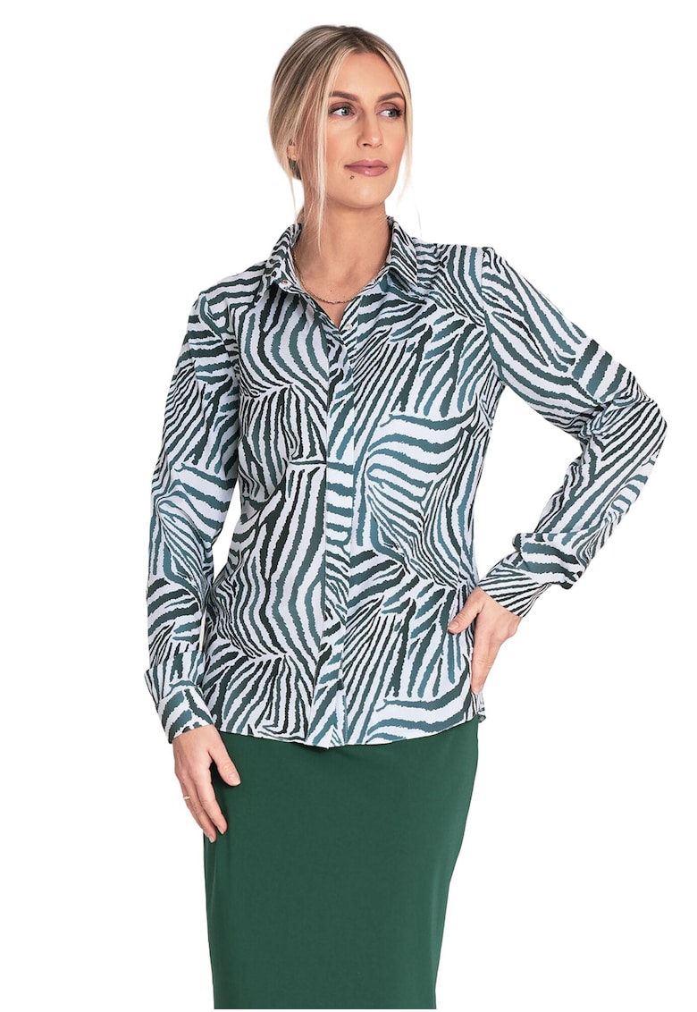 Camasa eleganta model zebra - verde/alb - material poliester/elastan - cu guler - maneci lungi