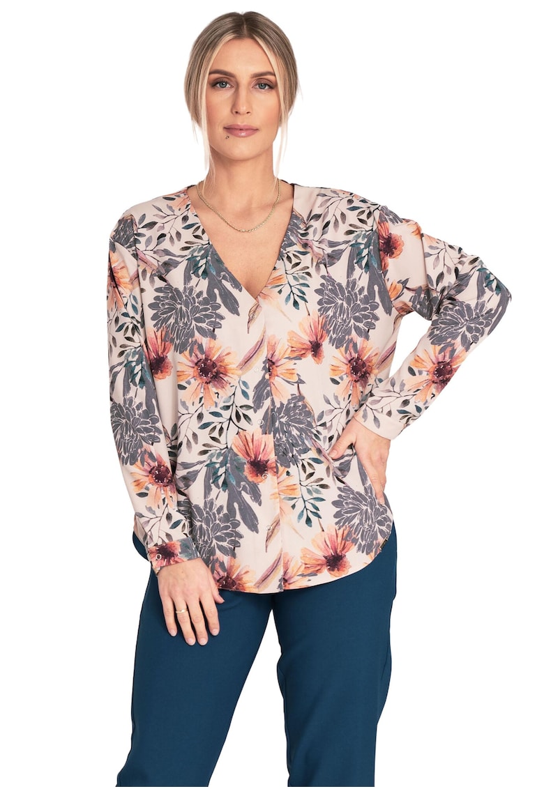 Bluza de vara cu decolteu in V - model floral - Multicolor