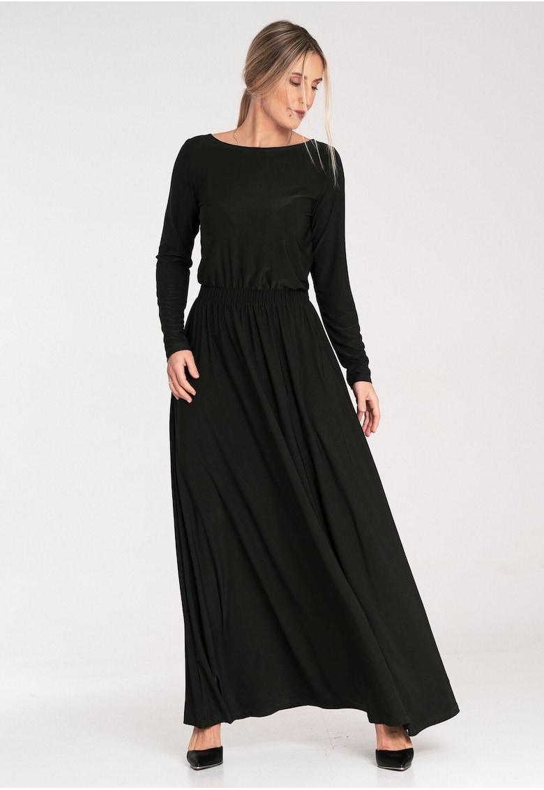 Rochie lunga - model M1052 - maneci lungi - neagra - poliester-elastan